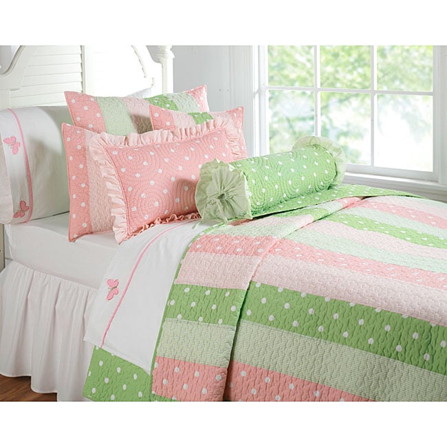 Dottie Stripe Pink/ Green Quilt Set - 12920155 - Overstock.com Shopping ...