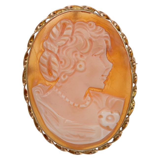 14k Gold Tortiglione Profile Shell Cameo 39 mm Oval Pendant Brooch