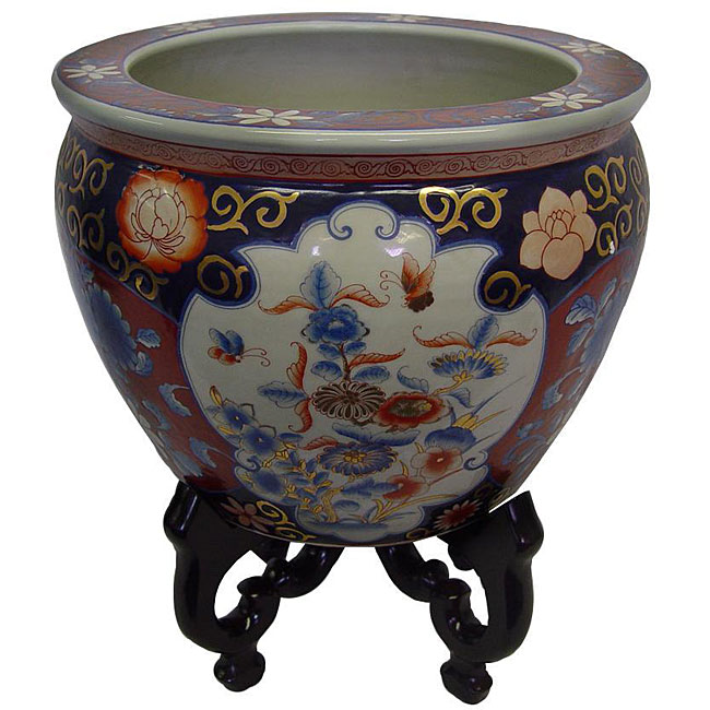 Imari Porcelain Fishbowl and Cross Stand  