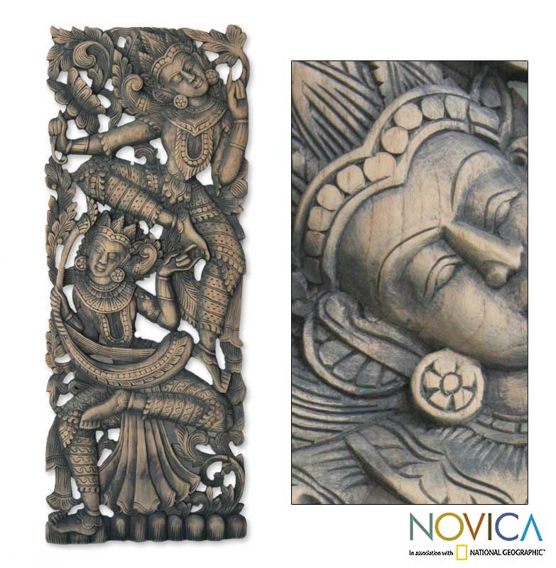 Angel Blessings Wood Relief Panel Sculpture (Thailand)   