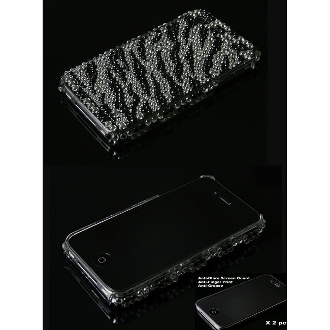 iPhone 4 Zebra Diamond Rhinestone Snap on Case with Screen Guard 