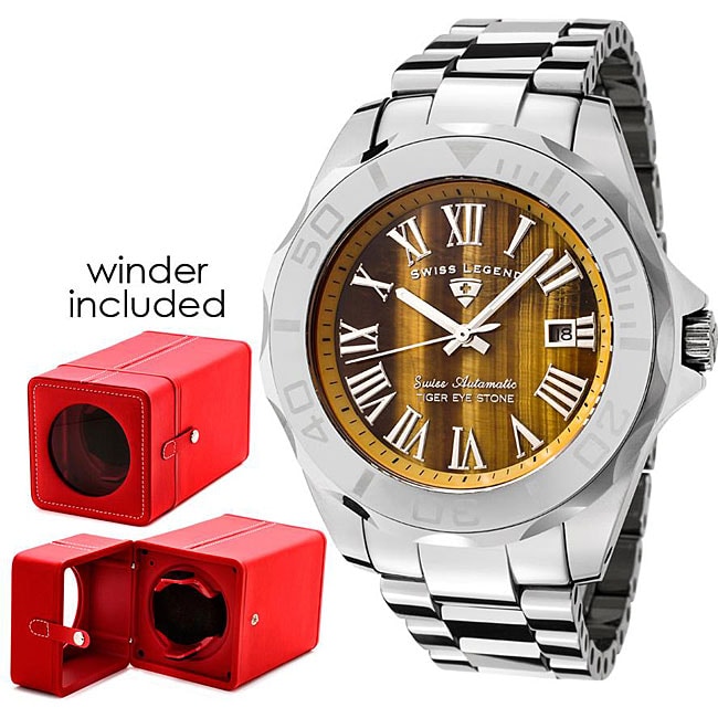 Swiss Legend Mens Tiger Eye Stone Dial Tungsten Watch with Winder 