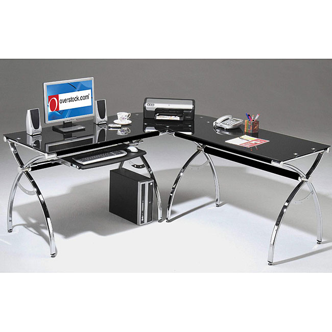 Shop Smoked Tempered Glass L Shaped Computer Desk Overstock