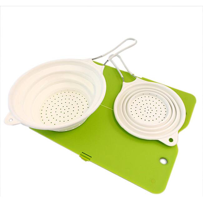 Silvermark White/ Green 3-pc Collapsible Silicone Colander Set with Cutting Board