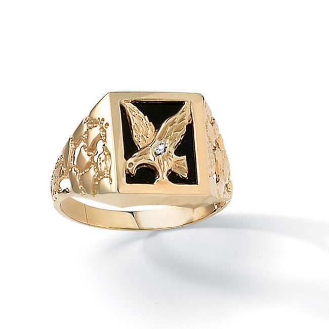 10k Yellow Gold Mens Onyx and Diamond Accent Eagle Ring