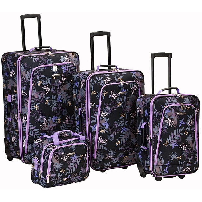 Rockland Garden Expandable 4 piece Luggage Set (Heavy duty 600D EVA molded polyester fabricDesign Garden patternEach piece expands for 25 percent more packing spaceIn line wheel system for a smooth glide Push button self locking telescopic handleErgonomi