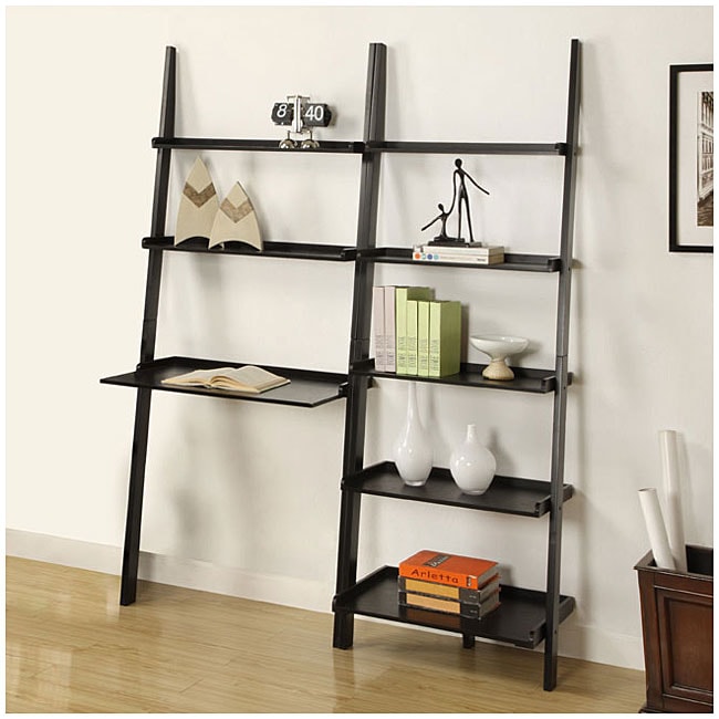 Black 5 tier 2 piece Leaning Ladder Shelf with Laptop Desk Set 