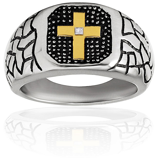 Stainless Steel Goldplated Cross Cubic Zirconia Ring  