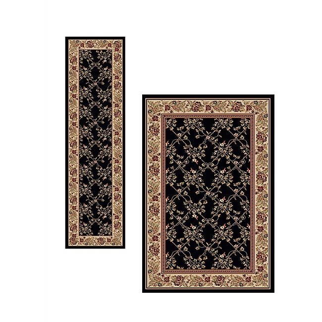 Traditional Virginia Trellis Black 2 piece Rug Set (55 x 77, 22 x 7