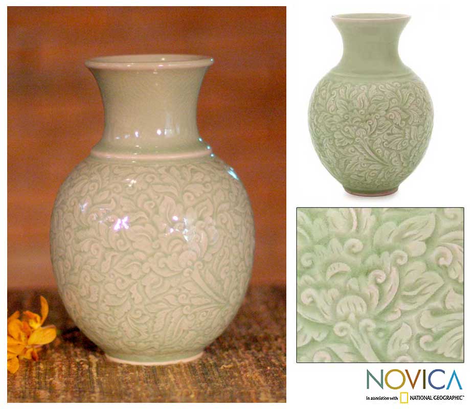 Handmade Celadon Ceramic 'Jade Landscape' Vase (Thailand) - H 8.5 inc. x W 15.24 cm