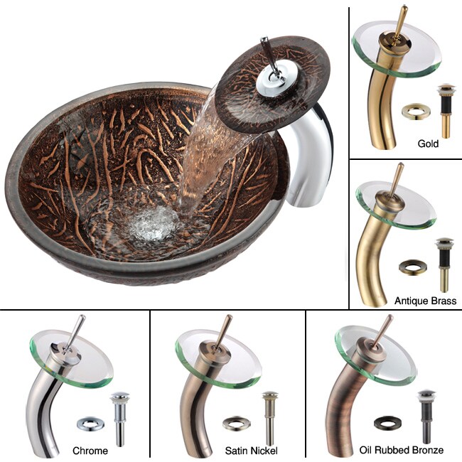 Kraus Copper Forest Glass Vessel Sink and Waterfall Bathroom Faucet 