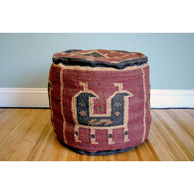 Handmade Kilim Round Puff Footstool (India)  