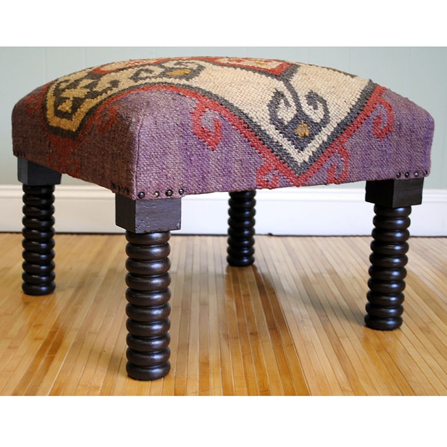 Kilim and Sheesham Wood Square Footstool (India)  