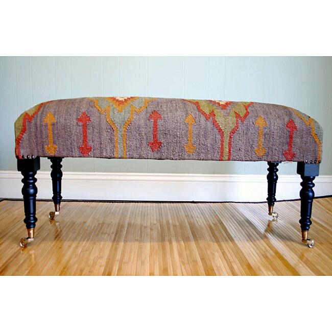 Kilim Dark Sheesham Wooden Leg Rectangular Caster Bench (India