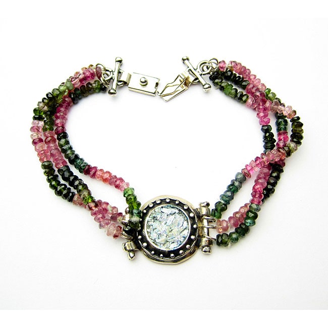 Silver Roman Glass and Tourmaline Triple strand Bracelet (Israel 