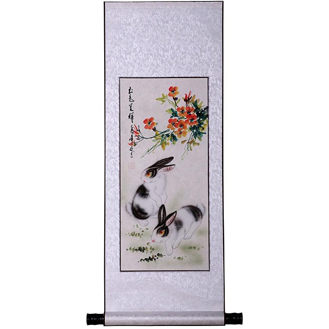 Rabbits and Spring Flowers Wall Art Scroll Painting (China 