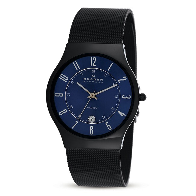 Skagen Men's Slim Black Titanium Sunray Blue Dial Watch - Overstock ...