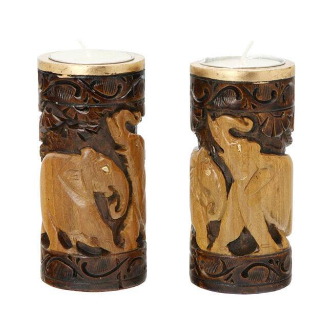 Set of 2 Hand-Carved Wood Tea Light Candle Holders (India)