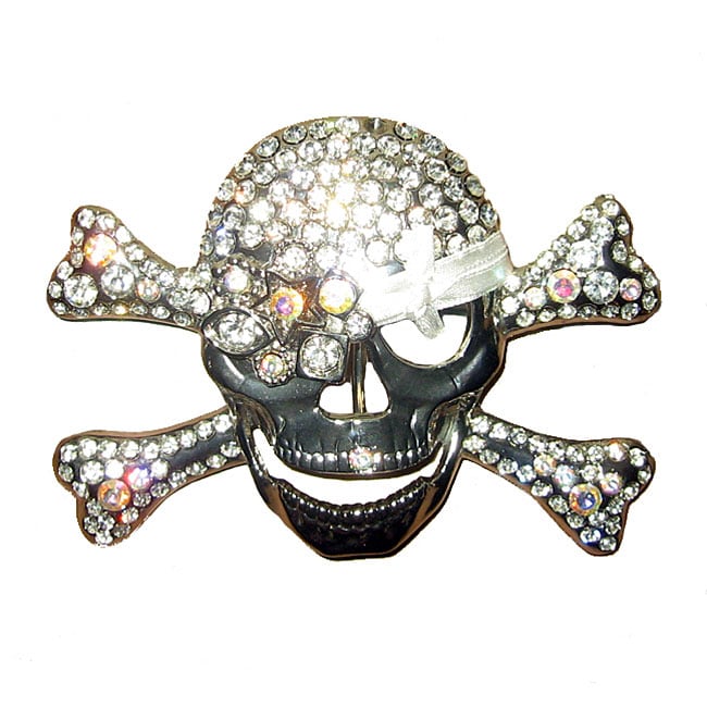 Womens Silvertone Rhinestone Skull Belt Buckle  