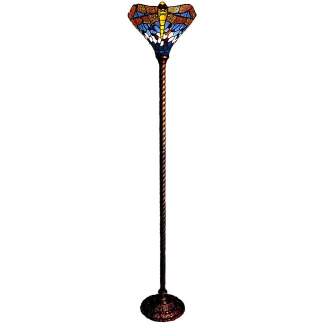 Tiffany-style Dragonfly Torchiere Bronze Finish Floor Lamp - Multi-Color