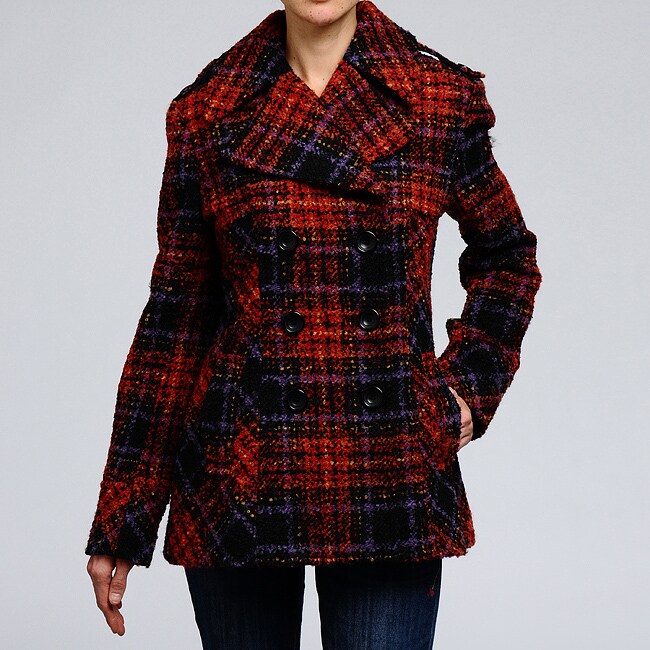 Nicole Miller Womens Plaid Pea Coat  