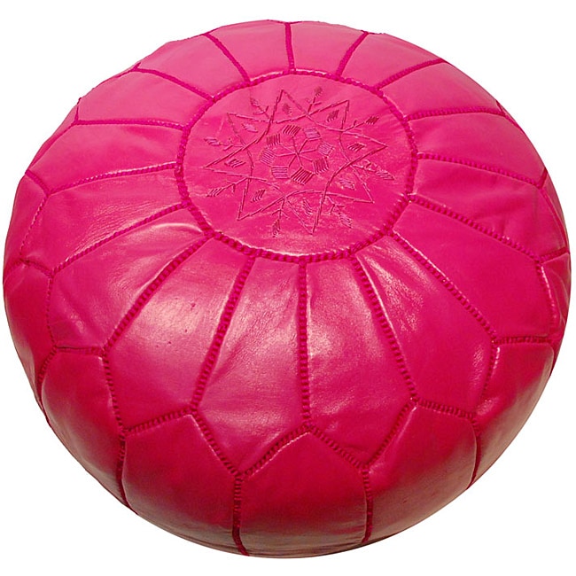 Leather Fuchsia Pouf Ottoman (Morocco)  