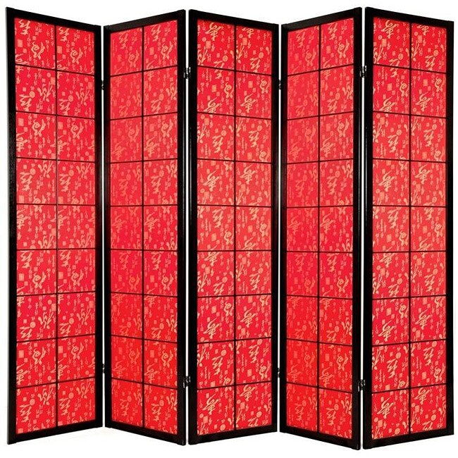 Wood 6-foot 5-panel Feng Shui Red Fabric Shoji Screen (China)