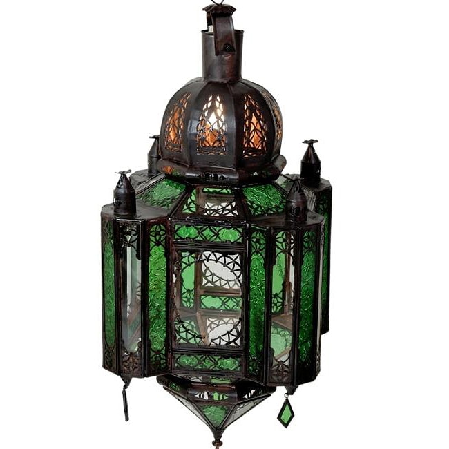 Emerald Stained Glass 1 light Bronze Chandelier (Morocco)   