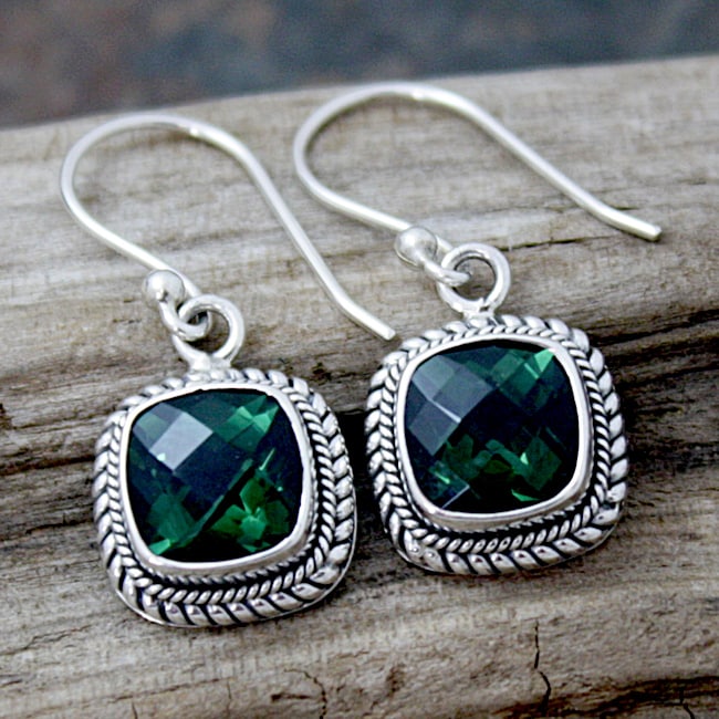 Sterling Silver Green Square Quartz Bali Drop Earrings (Indonesia 