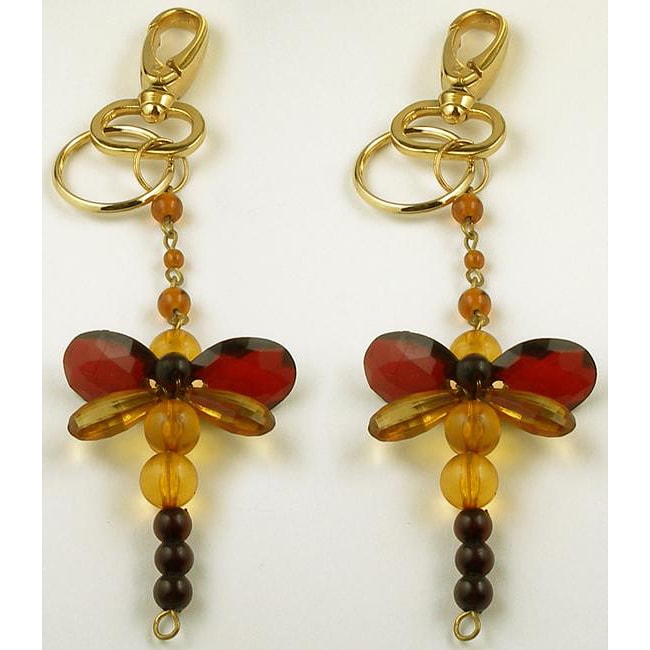 Set of 2 Handcrafted Beaded Gold and Brown Dragonfly Keychains (India 