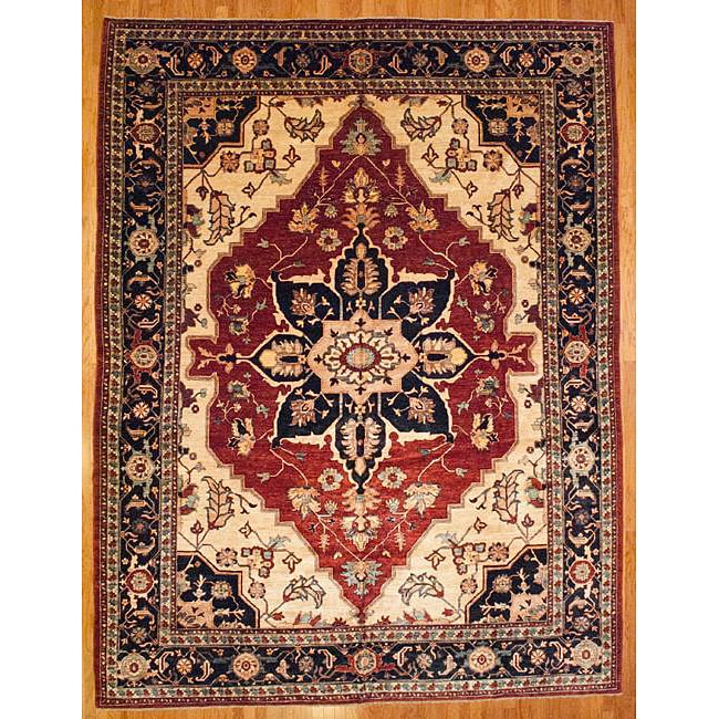   Hand knotted Red/ Navy Oushak Wool Rug (116 x 152)  