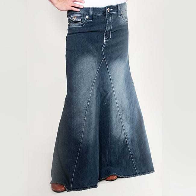 Tabeez Womens Medium Wash Long Denim Skirt  