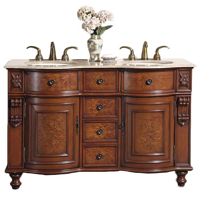 Silkroad Exclusive Wood and Travertine 55-inch Double Bathroom Vanity