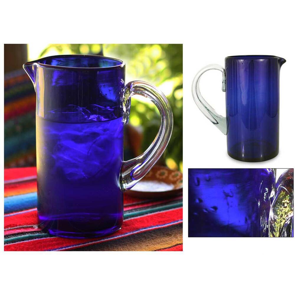 Handmade Blown Glass Deep Blue Pitcher (Mexico)