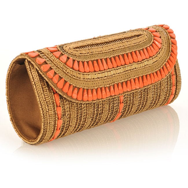 Fabric and Antique Embroidery with Coral Stones Patna Clutch (India 