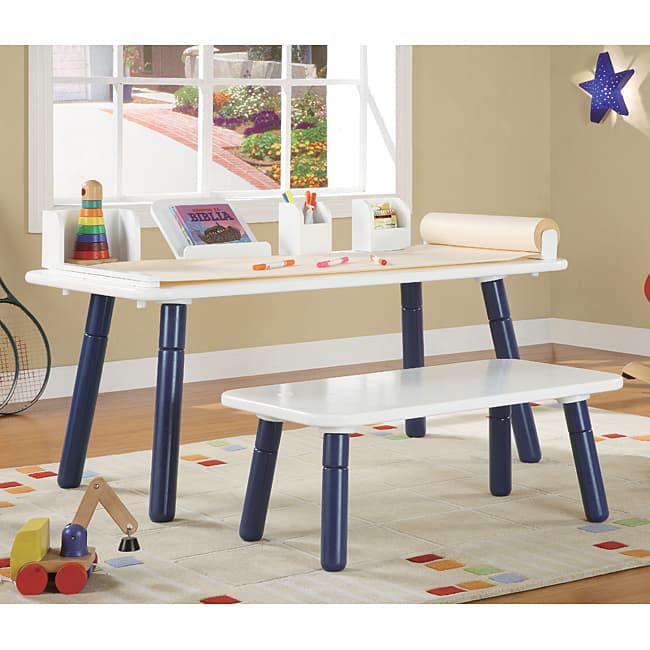 3 Stages Kid's Art Table and Bench Set in White and Blue Finish