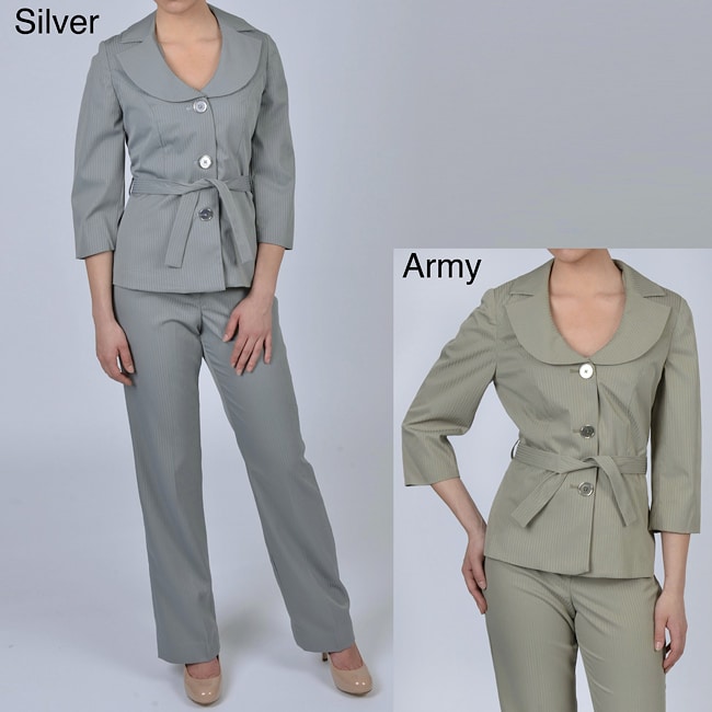 Analogy Womens Tonal Stripe Belted Pant Suit  