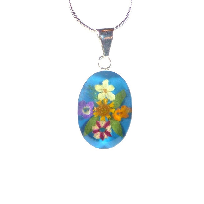 Sterling Silver Bouquet of Flowers Medium Blue Oval Necklace (Mexico 