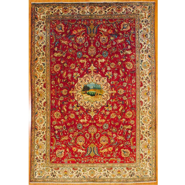 Persian Hand knotted Red/ Ivory Tabriz Wool Rug (8 x 115