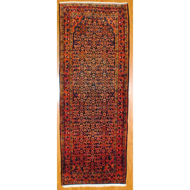 Persian Hand knotted Navy/ Red Hamadan Wool Rug (4 x 107