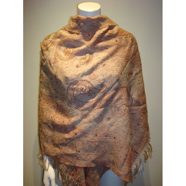 Selection Privee Salmon Paisley Embroidered Wool Shawl