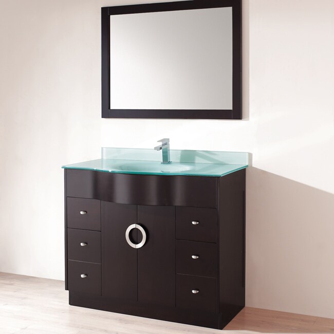 Berlin 42 inch Single Sink Vanity (Espresso vanity, mint green glass top, chrome faucet Type Single sink vanityMaterials Hardwood, tempered glass, brass Wood finish Espresso, 10 coats of stain, six (6) applied by hand Hardware finish Brushed brassGlas
