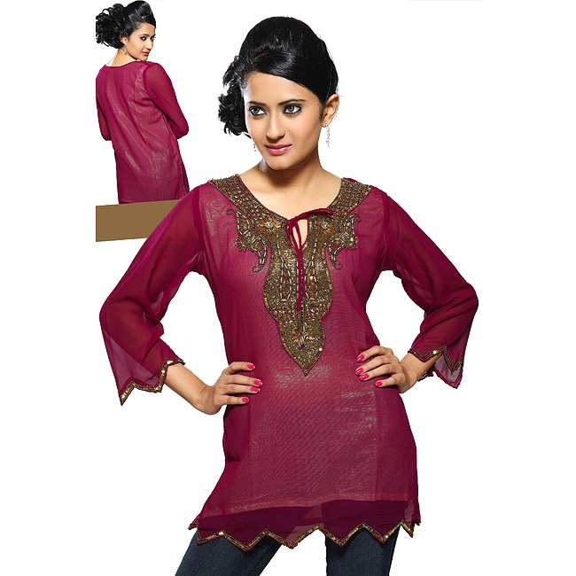 Fine Georgette Maroon Hand worked Neckline Kurti/ Tunic (India 