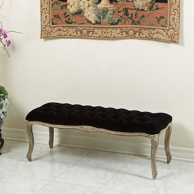 Tufted Grey Leather Bench with Weathered Oak Frame  