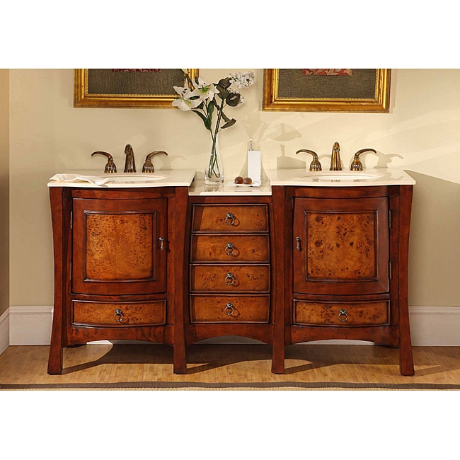 Silkroad Exclusive Marble Top 67 inch Double Sink Vanity Cabinet