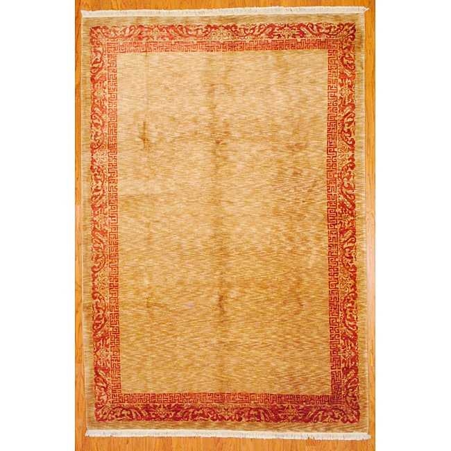 Indo Hand Knotted Tibetan Beige and Red Wool Rug (7 x 102