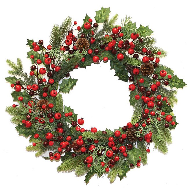 Good Tidings 26 inch Pine Holly Cones and Berries Wreath