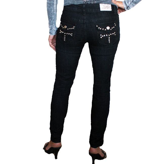 Silver Diva Women's Black Rhinestone Skinny Denim Jeans Free Shipping