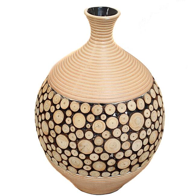 Casa Cortes Round Artesian Ceramic Inlay Wood Vase