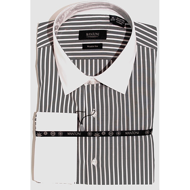 Mantoni Mens Black Stripe Wrinkle free French Cuff Shirt   